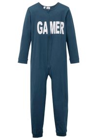 bonprix - Piżama jednoczęściowa z czystej bawełny organicznej. Kolor: niebieski. Materiał: bawełna. Wzór: nadruk, napisy #1