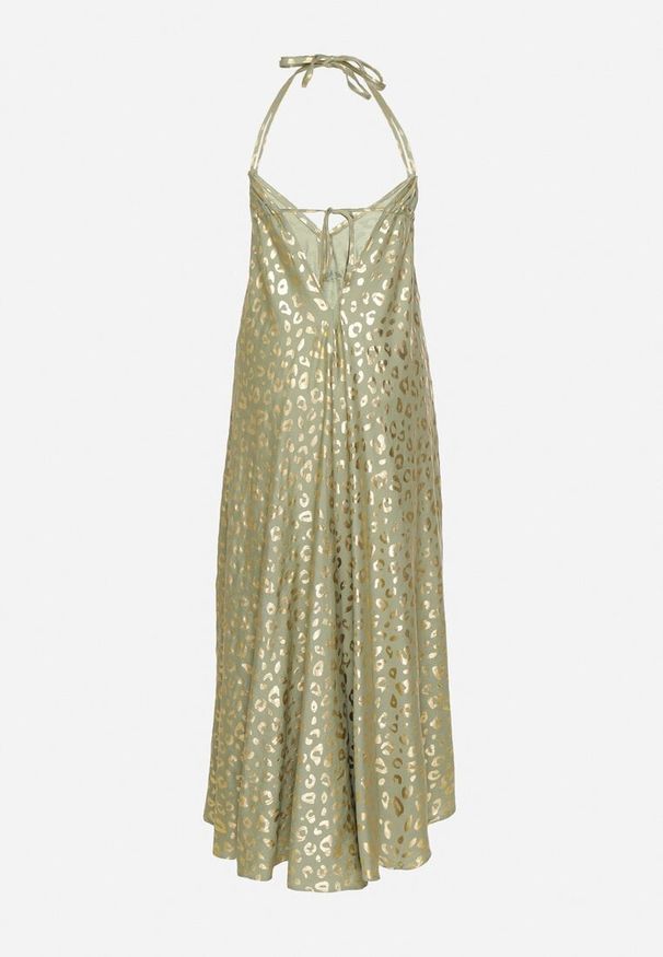 Born2be - Zielona Sukienka z Wiskozy z Odkrytymi Plecami i Metalicznym Nadrukiem w Panterkę Linadea. Typ kołnierza: dekolt w serek. Kolor: zielony. Materiał: wiskoza. Wzór: nadruk, motyw zwierzęcy. Typ sukienki: rozkloszowane