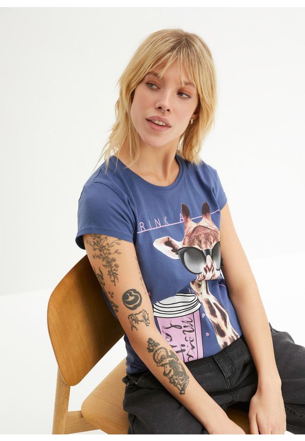 bonprix - T-shirt z czystej bawełny. Kolor: niebieski. Materiał: bawełna. Wzór: nadruk