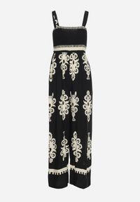 Born2be - Czarno-Beżowy Kombinezon z Wiskozy na Ramiączkach z Marszczoną Górą i Długimi Nogawkami Teseria. Okazja: na co dzień. Kolor: czarny. Materiał: wiskoza. Długość rękawa: na ramiączkach. Długość: długie. Styl: klasyczny, casual, elegancki #2