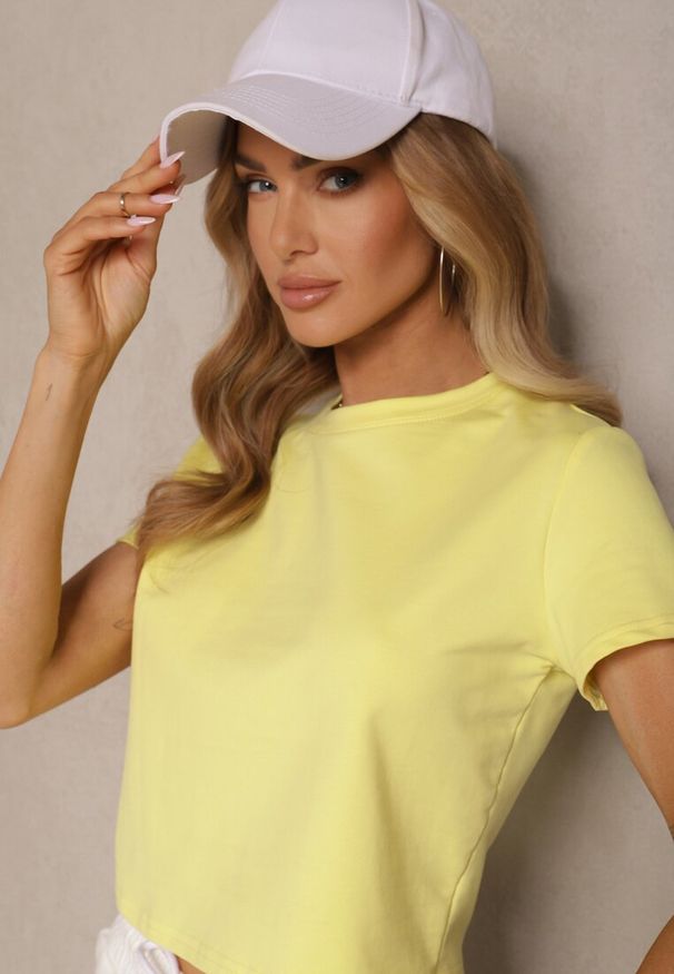 Renee - Żółty Bawełniany T-shirt o Fasonie Cropped Galionela. Okazja: na co dzień. Kolor: żółty. Materiał: bawełna. Sezon: lato, wiosna. Styl: casual