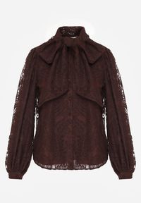 Born2be - Brązowa Koronkowa Koszula z Bufiastymi Rękawami i Kokardą przy Dekolcie Sewane. Okazja: na co dzień, do pracy, na spotkanie biznesowe. Typ kołnierza: kokarda. Kolor: brązowy. Materiał: koronka. Styl: biznesowy, casual, elegancki #2