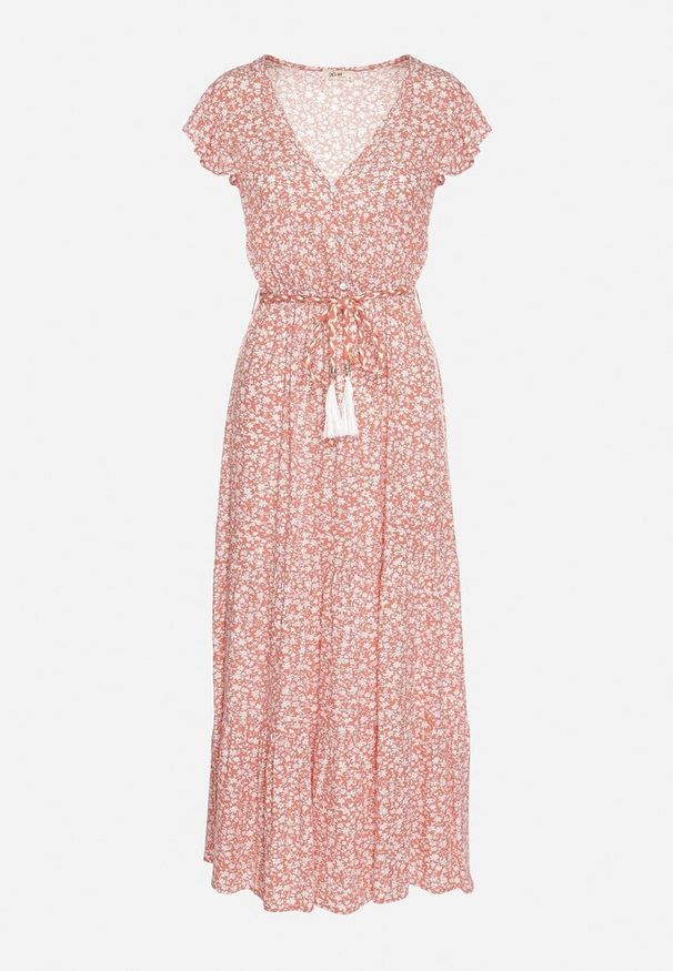 Born2be - Różowa Sukienka Cadulenn. Typ kołnierza: kołnierz z falbankami. Kolor: różowy. Materiał: tkanina. Długość rękawa: krótki rękaw. Wzór: nadruk, aplikacja, kwiaty. Styl: boho. Długość: maxi