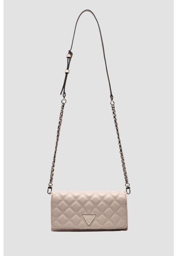 Guess - GUESS Damski portfel na łańcuszku w kolorze taupe Giully II Mini. Kolor: beżowy. Materiał: materiał