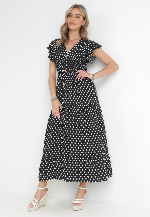 Born2be - Czarna Sukienka Maxi w Groszki z Szeroką Gumką w Pasie Khalsa. Kolor: czarny. Wzór: grochy. Długość: maxi