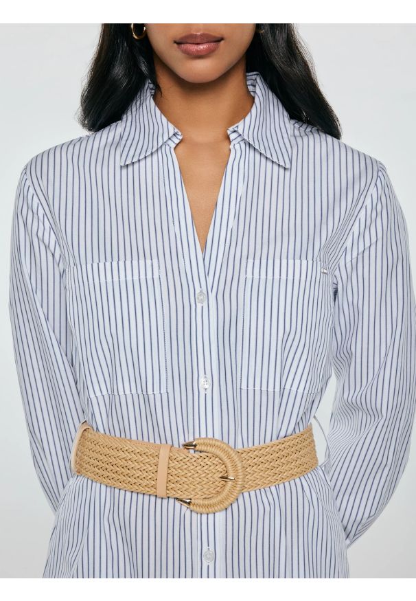 Big-Star - Sukienka damska midi koszulowa w paski jasnoniebieska Merinsa 400. Okazja: na co dzień. Kolor: niebieski. Materiał: bawełna, tkanina. Długość rękawa: długi rękaw. Wzór: paski. Typ sukienki: koszulowe. Styl: elegancki, klasyczny, casual. Długość: midi