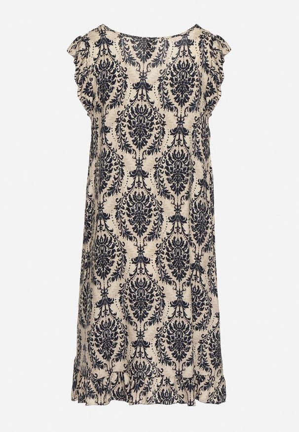 Born2be - Granatowo-Beżowa Bawełniana Sukienka w Stylu Boho na Ramiączkach z Falbanką Zaelle. Okazja: na co dzień, na imprezę. Typ kołnierza: dekolt w serek. Kolor: niebieski. Materiał: bawełna. Długość rękawa: na ramiączkach. Sezon: lato. Styl: boho