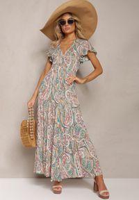 Renee - Zielona Rozkloszowana Sukienka Maxi na Guziki Ozdobiona Etnicznym Wzorem Kleriala. Okazja: na imprezę. Kolor: zielony. Wzór: aplikacja. Sezon: lato. Styl: boho. Długość: maxi #5