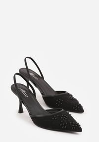 Renee - Czarne Sandały na Szpilce Ozdobione Haftowanym Wzorem i Koralikami Sametis. Kolor: czarny. Materiał: satyna. Wzór: aplikacja, haft. Obcas: na szpilce #7
