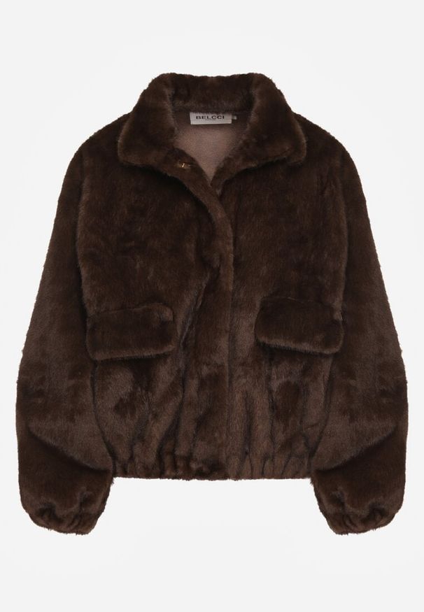 Born2be - Brązowa Kurtka Futerko o Kroju Bomberki z Kieszeniami Tiwedara. Okazja: na co dzień. Typ kołnierza: kołnierzyk stójkowy. Kolor: brązowy. Materiał: futro. Styl: elegancki, casual