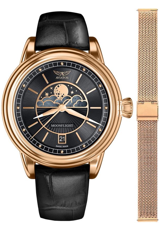 AVIATOR - Zegarek damski Aviator V.1.33.2.253.4-SET różowe złoto. Kolor: złoty, wielokolorowy, różowy