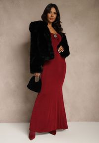 Renee - Bordowa Taliowana Sukienka Koktajlowa Lonsgleeve z Elegancką Aplikacją Idirena. Typ kołnierza: dekolt kwadratowy. Kolor: czerwony. Wzór: aplikacja. Typ sukienki: oversize. Styl: wizytowy, elegancki #2