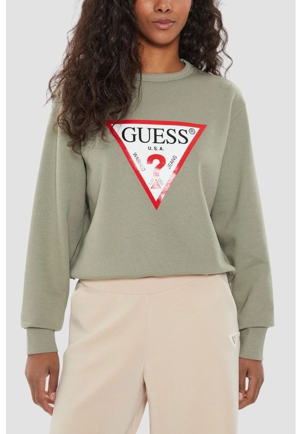 Guess - GUESS Zielona bluza damska z dużym logo Original Fleece. Kolor: zielony