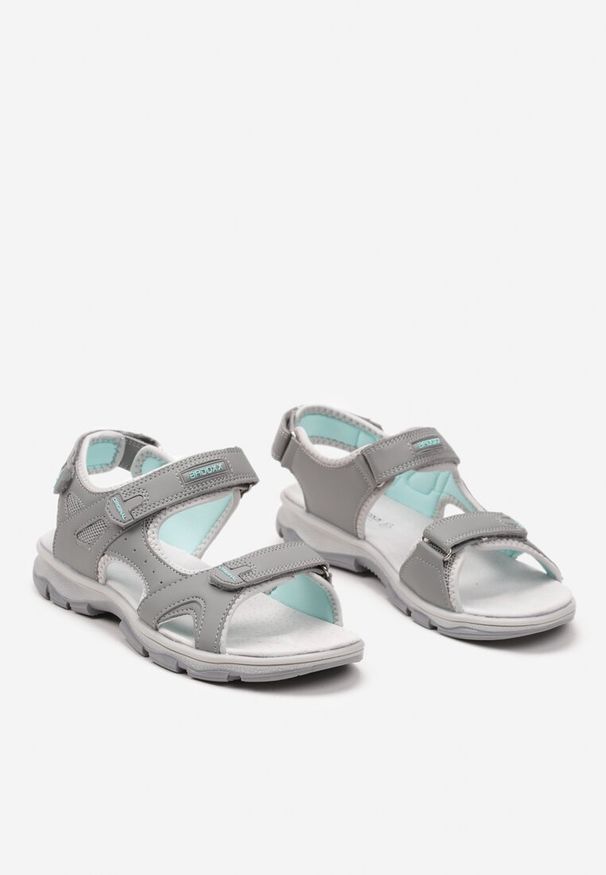 Renee - Szaro-Miętowe Płaskie Sandały ze Skórzaną Wkładką i Zapięciami na Rzepy Tesama. Okazja: na co dzień, na spacer. Nosek buta: otwarty. Zapięcie: rzepy. Kolor: szary. Materiał: skóra. Sezon: lato. Obcas: na obcasie. Styl: casual. Wysokość obcasa: niski