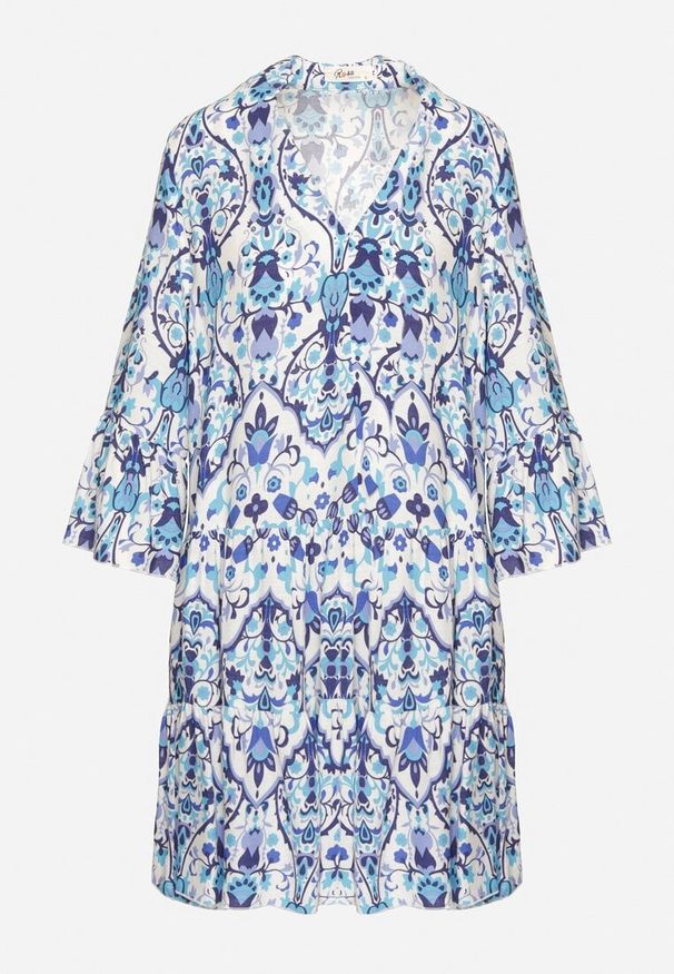 Born2be - Niebieska Rozkloszowana Sukienka z Wiskozą w Ornamentalny Wzór Ravapia. Okazja: na spacer, na co dzień. Typ kołnierza: dekolt w kształcie V. Kolor: niebieski. Materiał: wiskoza. Sezon: lato. Styl: casual