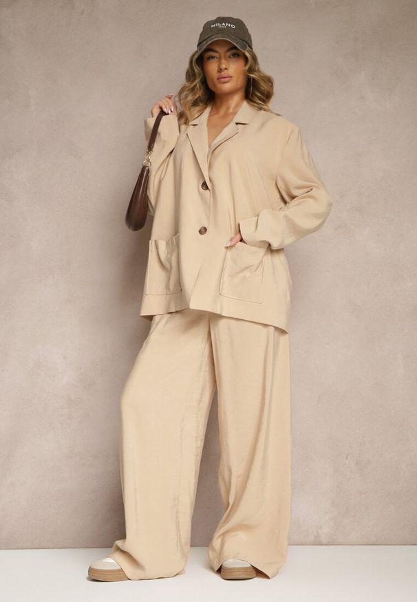 Renee - Beżowe Spodnie Low Waist z Modalu z Szeroką Nogawką Reanelira. Okazja: na co dzień. Stan: obniżony. Kolor: beżowy. Styl: klasyczny, casual, elegancki