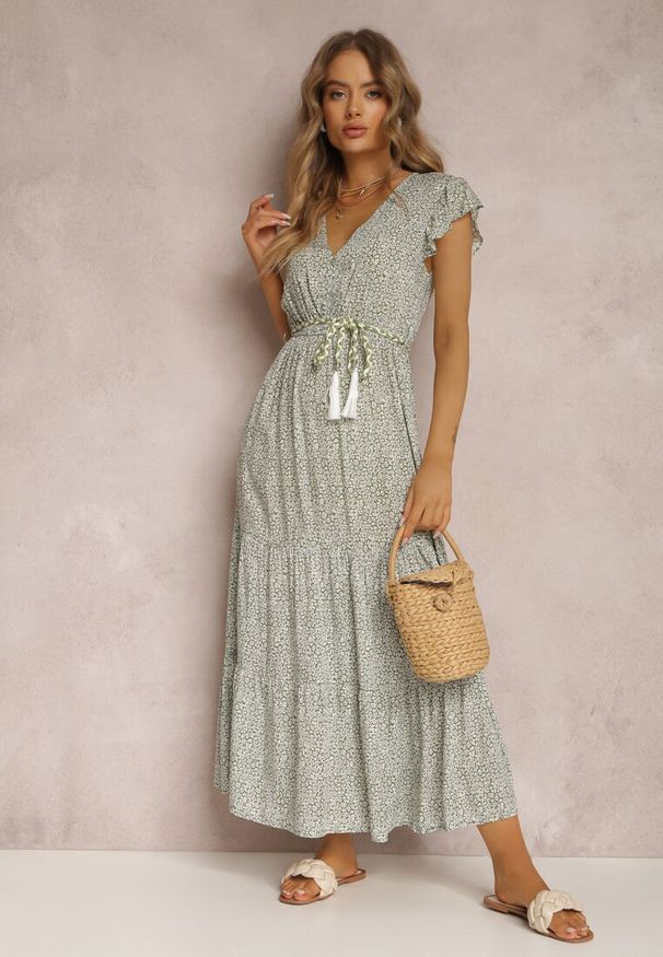 Renee - Zielona Sukienka Z Paskiem Veinhayi. Kolor: zielony. Długość rękawa: krótki rękaw. Wzór: aplikacja. Styl: boho. Długość: midi