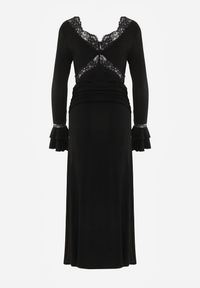 Renee - Czarna Wiskozowa Sukienka Wieczorowa z Falbanami Koronką i Wiązanym Trenem Lenivna. Okazja: na wesele, na ślub cywilny. Kolor: czarny. Materiał: wiskoza, koronka. Wzór: koronka. Styl: wizytowy #7