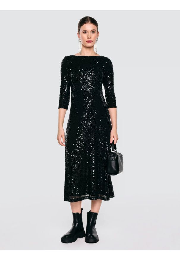 Big-Star - Sukienka damska midi cekinowa z rękawem 3/4 czarna Alex 906. Okazja: na imprezę. Kolor: czarny. Długość: midi