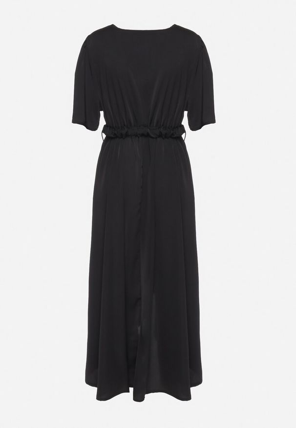 Born2be - Czarna Rozkloszowana Sukienka Kopertowa z Gumką w Talii i Ozdobnym Paskiem Vasena. Kolor: czarny. Typ sukienki: kopertowe. Styl: elegancki