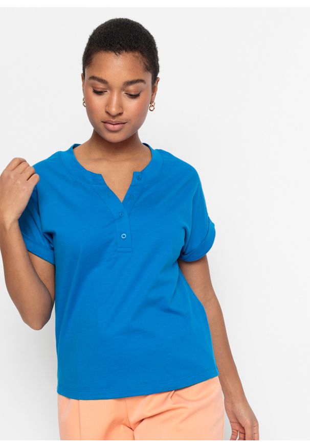 bonprix - Shirt boxy z plisą guzikową. Kolor: niebieski. Długość rękawa: krótki rękaw. Długość: krótkie