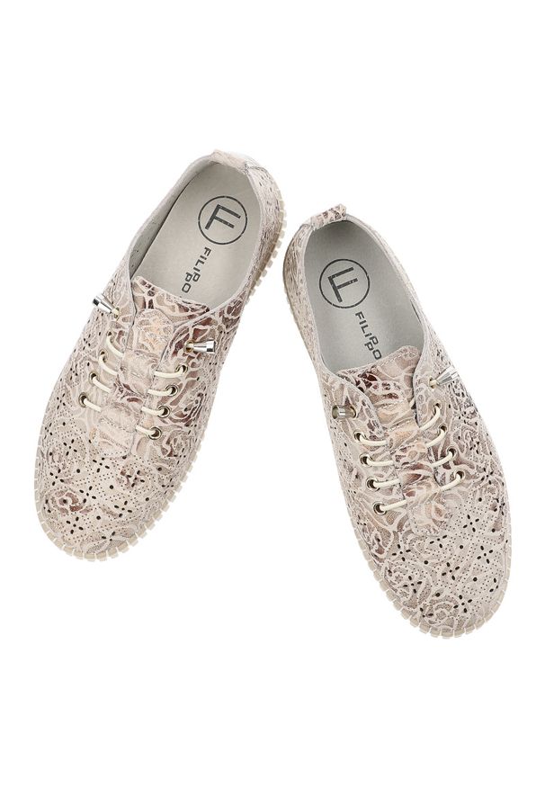 Półbuty damskie Filippo, cholewka ze skóry naturalnej o ażurowym wzorze klasyczne sznurowanie lekka elastyczna podeszwa, multikolor, DP7532/26. Zapięcie: sznurówki. Kolor: beżowy. Materiał: skóra. Szerokość cholewki: normalna. Wzór: ażurowy. Styl: klasyczny