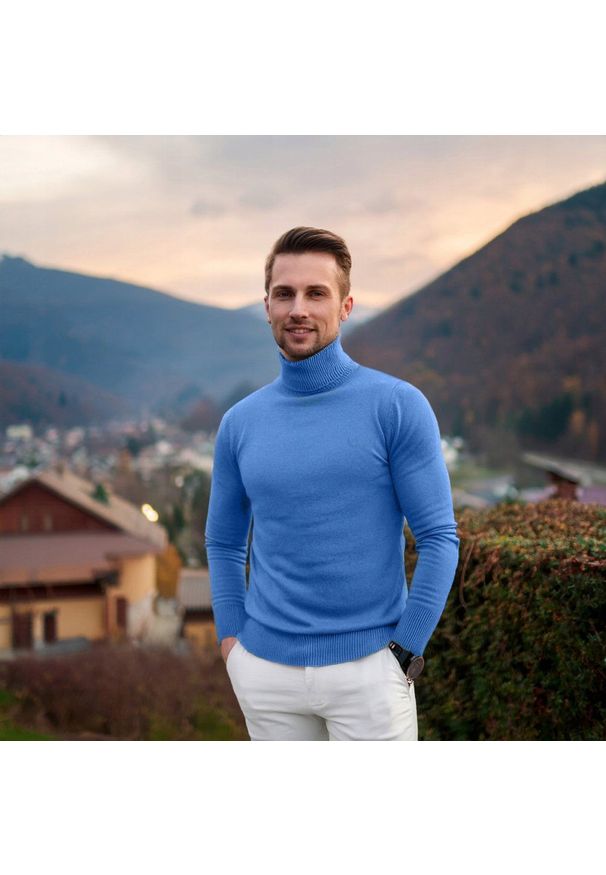 Bawełniany Męski Golf - Pako Jeans - Niebieski. Typ kołnierza: golf. Kolor: niebieski. Materiał: bawełna. Styl: klasyczny