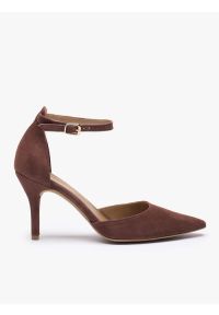 Ryłko - Ciemnobrązowe czółenka na szpilce. Okazja: na co dzień. Zapięcie: sprzączka. Kolor: brązowy. Materiał: skóra, welur. Szerokość cholewki: normalna. Obcas: na szpilce. Styl: casual, street, elegancki. Wysokość obcasa: wysoki #1