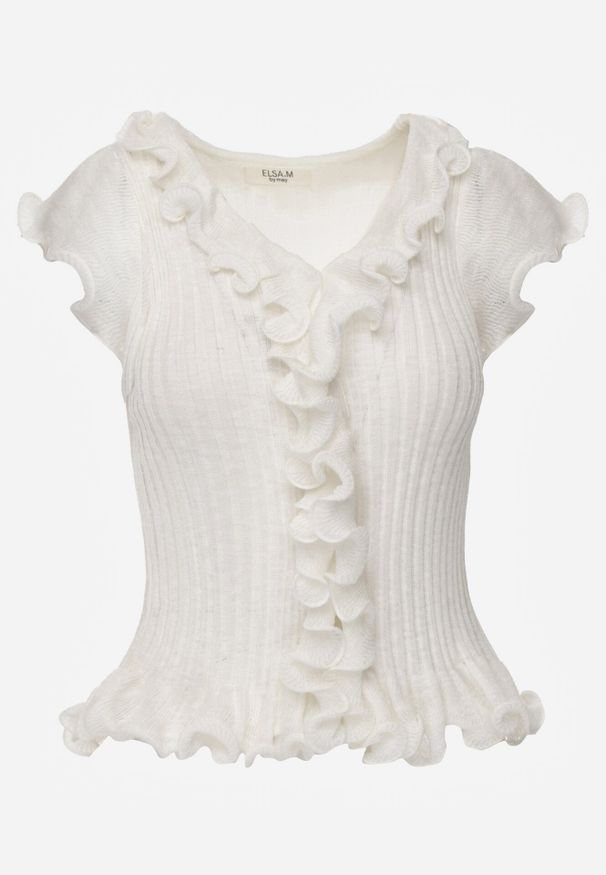 Born2be - Biała Prążkowana Bluzka z Wiskozą Ozdobiona Falbanami Delestra. Okazja: na co dzień, na spotkanie biznesowe. Kolor: biały. Materiał: prążkowany, wiskoza. Wzór: aplikacja. Styl: casual, biznesowy, elegancki