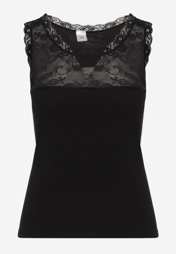 Born2be - Czarny Bawełniany Top z Koronkową Górą Beralia. Kolor: czarny. Materiał: bawełna, koronka. Wzór: aplikacja