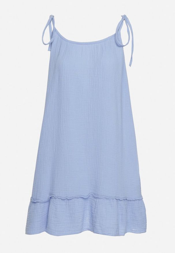 Born2be - Niebieska Rozkloszowana Muślinowa Sukienka z Bawełny na Wiązanych Ramiączkach Wirvia. Okazja: na spacer. Typ kołnierza: dekolt w kształcie V. Kolor: niebieski. Wzór: aplikacja. Typ sukienki: rozkloszowane. Materiał: bawełna. Długość rękawa: na ramiączkach. Sezon: lato. Styl: elegancki