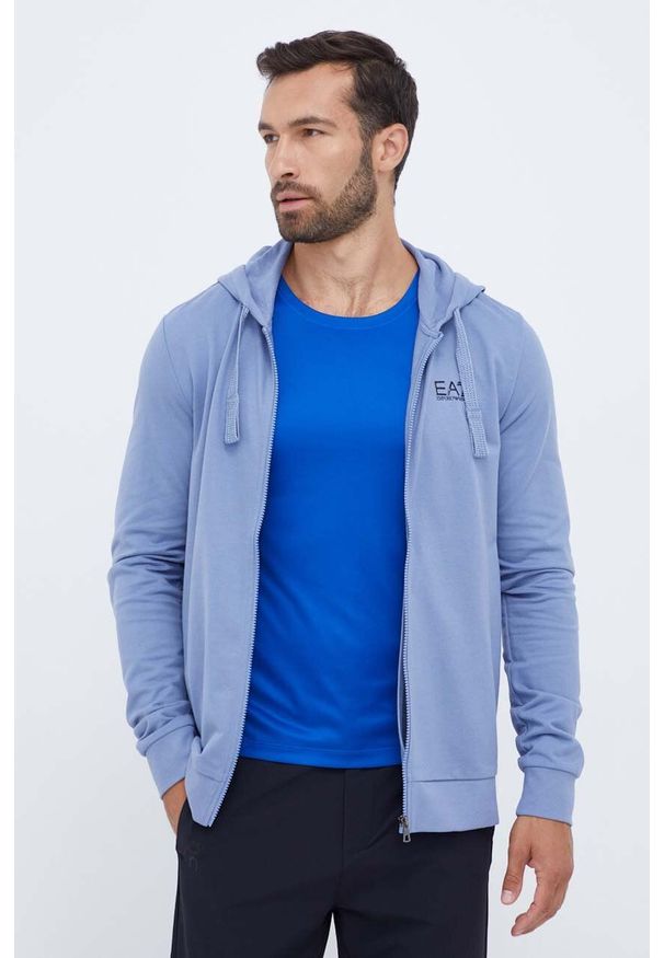 EA7 Emporio Armani bluza bawełniana męska kolor niebieski z kapturem gładka. Okazja: na co dzień. Typ kołnierza: kaptur. Kolor: niebieski. Materiał: bawełna. Wzór: gładki. Styl: casual