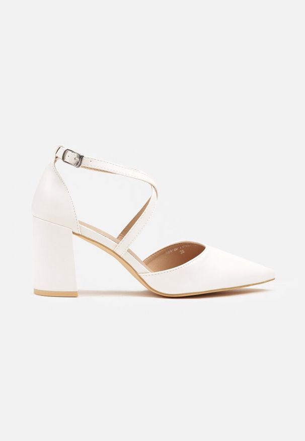 Renee - Białe Czółenka Vices na Słupku ze Skórzaną Wkładką Ozdobione Paskami Learelia. Zapięcie: pasek. Kolor: biały. Materiał: skóra. Wzór: aplikacja. Obcas: na słupku. Styl: wizytowy. Wysokość obcasa: średni