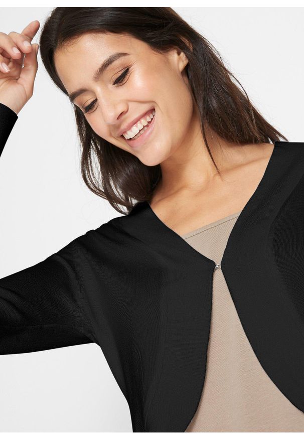 bonprix - Krótki sweter rozpinany z wiskozą. Kolor: czarny. Materiał: wiskoza. Długość: krótkie. Styl: elegancki