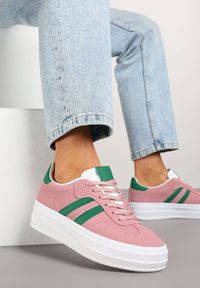 Renee - Różowe Sneakersy Basic na Niskiej Platformie Beliscia. Okazja: na co dzień. Kolor: różowy. Materiał: jeans. Obcas: na platformie #4