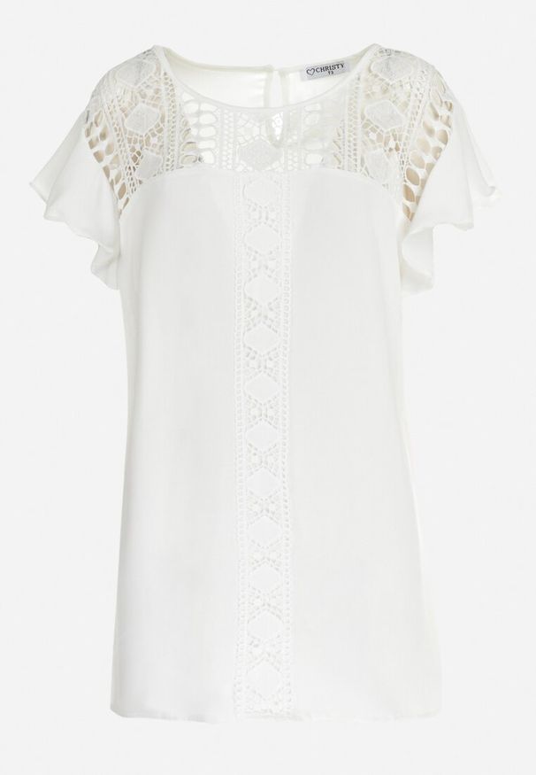 Born2be - Biała Bluzka z Koronkowym Dekoltem i Falbankami Przy Ramionach Fistia. Typ kołnierza: kołnierz z falbankami. Kolor: biały. Materiał: koronka. Wzór: ażurowy