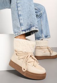 Renee - Beżowe Śniegowce Futerkowe na Platformie ze Sznurowaną Cholewką Izalithia. Kolor: beżowy. Materiał: wełna, jeans, futro. Szerokość cholewki: normalna. Sezon: zima. Obcas: na platformie. Styl: elegancki #5