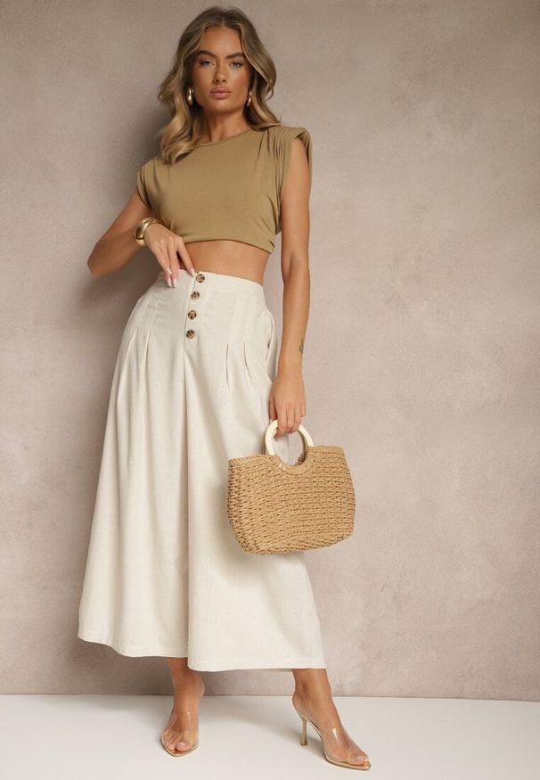 Renee - Beżowe Spodnie Culottes High Waist z Bawełny Zdobione Guzikami Izuma. Okazja: na co dzień. Stan: podwyższony. Kolor: beżowy. Materiał: bawełna. Wzór: aplikacja. Styl: elegancki, casual