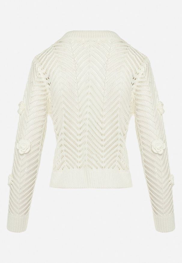 Born2be - Biały Sweter z Okrągłym Dekoltem z Ażurowym Zdobieniem i Kwiatami Iraitolla. Kolor: biały. Wzór: aplikacja, kwiaty, ażurowy. Styl: elegancki
