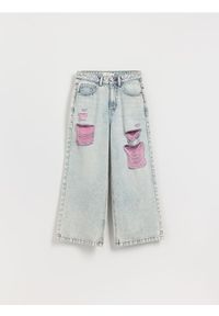 Reserved - Jeansy wide leg z przetarciami - niebieski. Kolor: niebieski