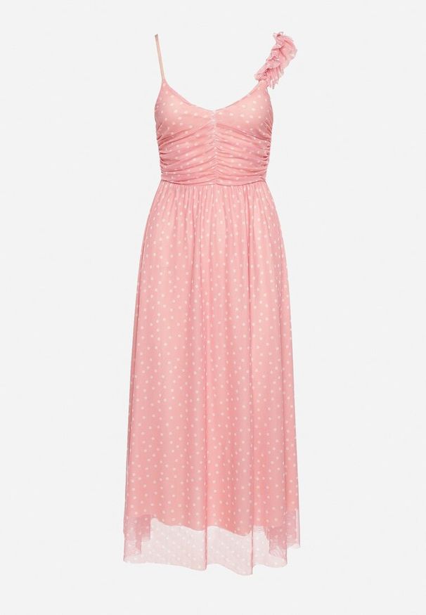 Born2be - Jasnoróżowa Rozkloszowana Sukienka z Tiulem na Cienkich Ramiączkach z Gumką w Talii Mleara. Okazja: na co dzień, na imprezę. Typ kołnierza: dekolt w serek. Kolor: różowy. Materiał: tiul. Długość rękawa: na ramiączkach. Sezon: lato. Styl: casual