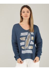 Unisono - SWETER ZE ZŁOTYM NADRUKIEM 220-6038 JEANS. Kolor: złoty. Materiał: jeans. Wzór: nadruk