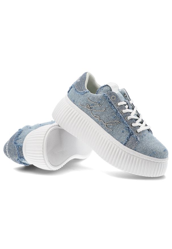 Niebieskie Sneakersy Karl Lagerfeld Modne Obuwie Damskie. Zapięcie: sznurówki. Kolor: niebieski. Materiał: materiał, denim, jeans. Szerokość cholewki: normalna. Wzór: aplikacja. Styl: klasyczny, elegancki
