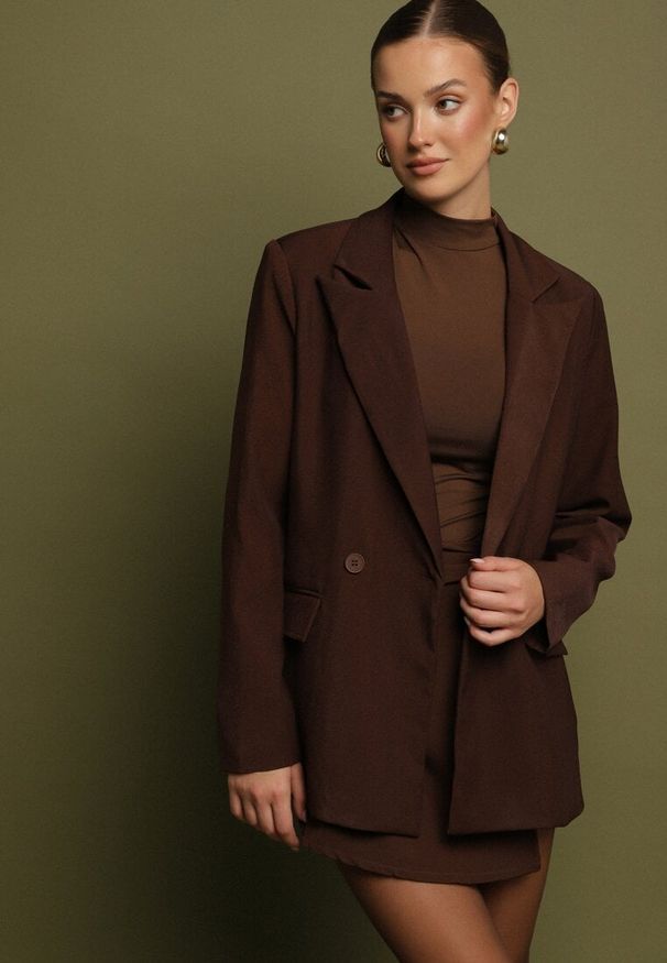 Born2be - Brązowa Dwurzędowa Marynarka w Stylu Oversize Clazara. Okazja: na co dzień. Kolor: brązowy. Materiał: jeans. Styl: casual