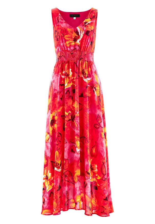 Długa sukienka szyfonowa bonprix ciemnoróżowy z nadrukiem. Kolor: różowy. Materiał: szyfon. Wzór: nadruk. Styl: elegancki. Długość: maxi