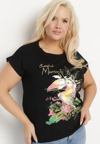Born2be - Czarny T-shirt z Bawełny z Nadrukiem i Metalicznym Napisem Norsemi. Okazja: na co dzień. Kolor: czarny. Materiał: bawełna. Wzór: napisy, nadruk. Styl: casual #5