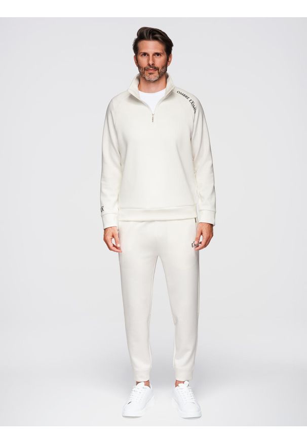 Ombre Clothing - Dresowy komplet męski set bluza ze stójką + spodnie joggery - ecru V2 - Rozmiar: L. Okazja: na co dzień, na spacer. Typ kołnierza: kołnierzyk stójkowy. Materiał: dresówka. Długość rękawa: raglanowy rękaw. Długość: krótkie. Wzór: nadruk, gładki. Styl: casual, sportowy