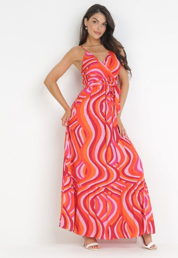 Born2be - Pomarańczowa Wiskozowa Sukienka Maxi na Ramiączkach z Gumką i Paskiem w Talii Annanise. Kolor: pomarańczowy. Materiał: wiskoza. Długość rękawa: na ramiączkach. Typ sukienki: kopertowe. Długość: maxi