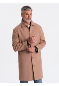 Ombre Clothing - Jednorzędowy męski długi płaszcz z kołnierzykiem i podpinką – brązowy V2 - Rozmiar: XL. Okazja: na co dzień. Typ kołnierza: kołnierzyk koszulowy, komin. Kolor: brązowy. Materiał: syntetyk, wiskoza, poliester, materiał. Długość: długie. Wzór: jednolity. Styl: wizytowy, casual, elegancki #5