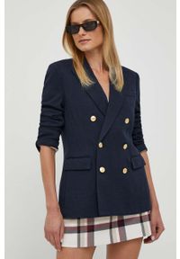Polo Ralph Lauren marynarka z domieszką wełny kolor granatowy dwurzędowa gładka. Typ kołnierza: polo. Kolor: niebieski. Materiał: wełna. Wzór: gładki #1